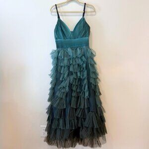 Marchesa Notte Long Blue/Green Ruffle Dress